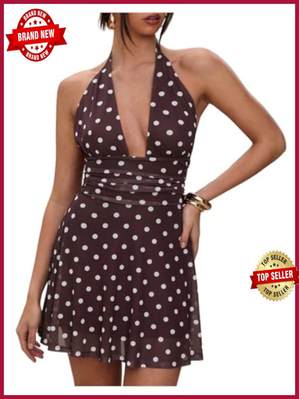 Polka Dots Halter Mini Dress Deep V Neck Backless Tie Back A-Line Club Night Out